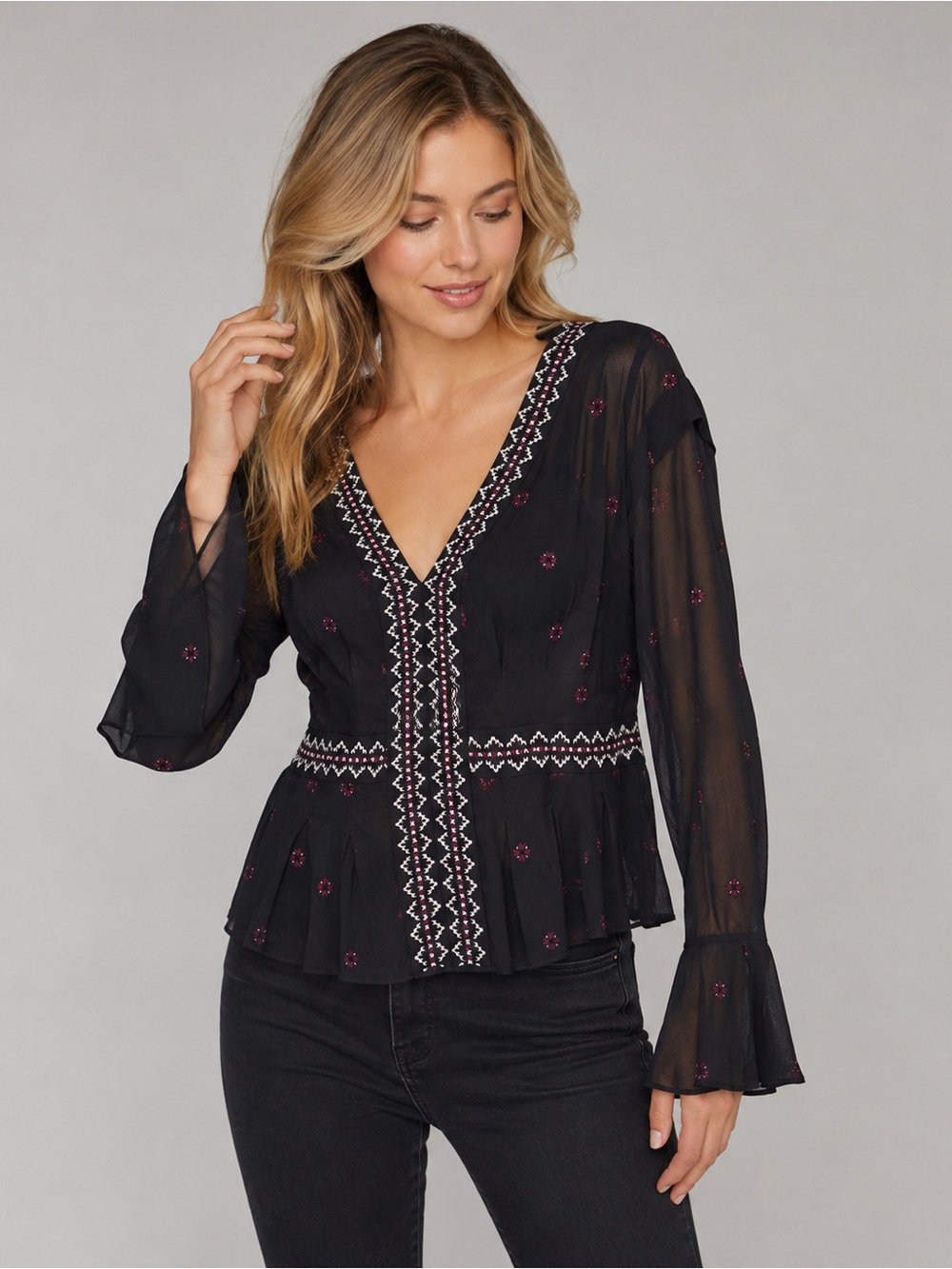 Joie Black Sheer Blouse with Pink Embroidered Dots and White Trim